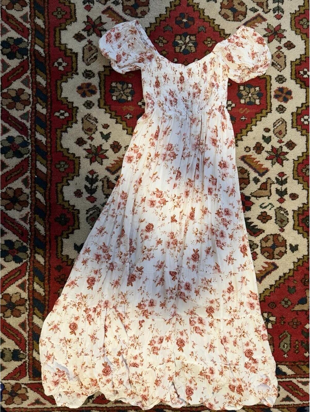 FADEDROSE White Brown Floral Smocked Puff Short Sleeve Square Neck Maxi S